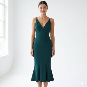Dress the Population Dark Teal Green Mermaid Midi Dress - V-Neck - Size M
